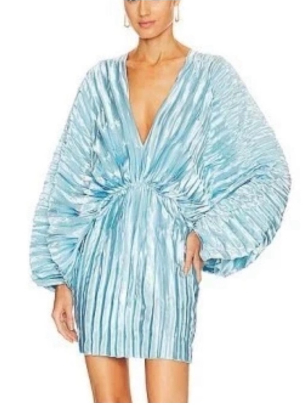 L’idee Sky Blue V-Neck Mini Dress with Balloon Sleeves